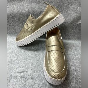 Gold Perforated Women's Loafers